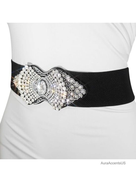 Stretch Rhinestone Flower Wide Waist Belt for Dresses